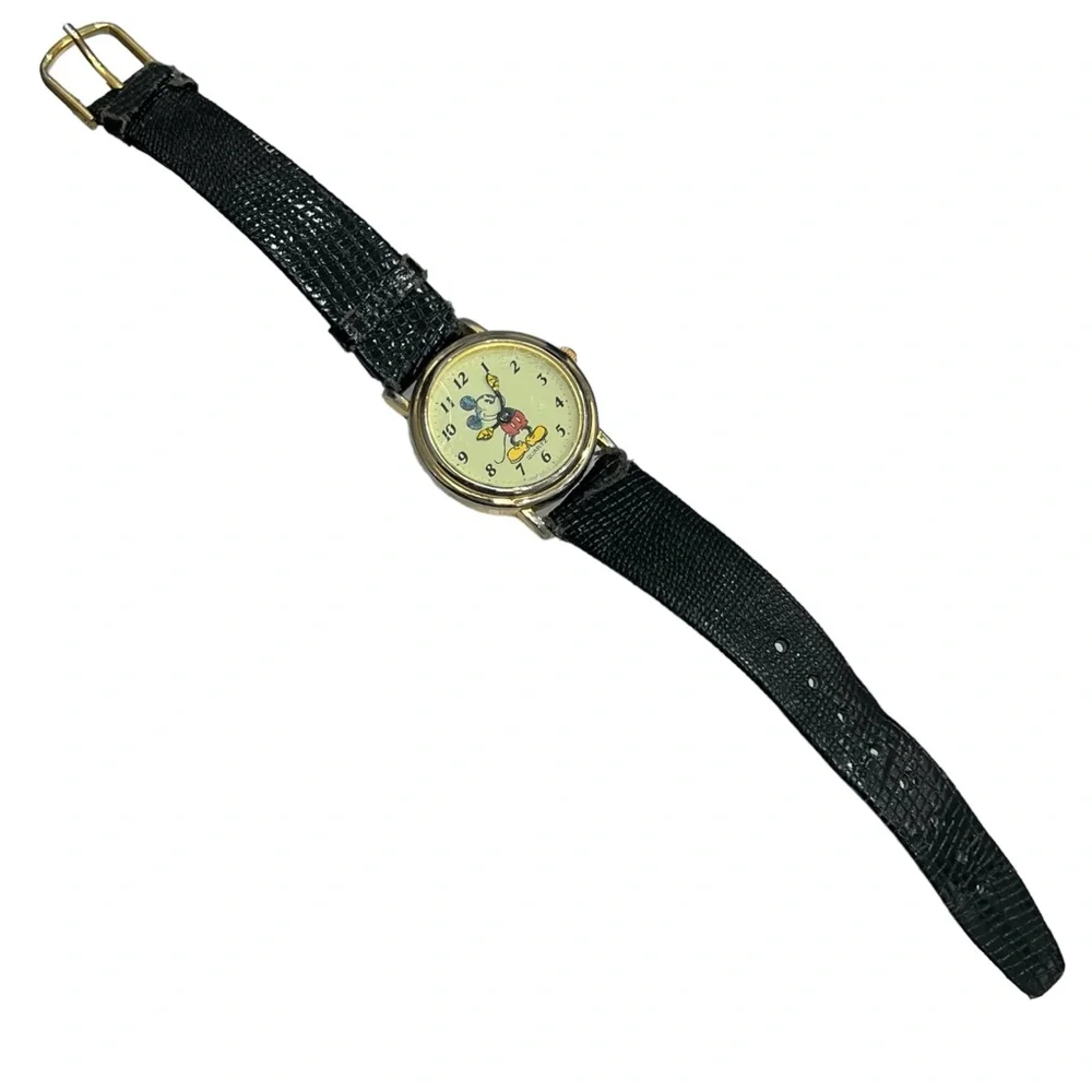 VINTAGE MICKEY MOUSE QUARTZ WATCH - GOLD TONE W YELLOW FACE KREISLER LIZARD BAND